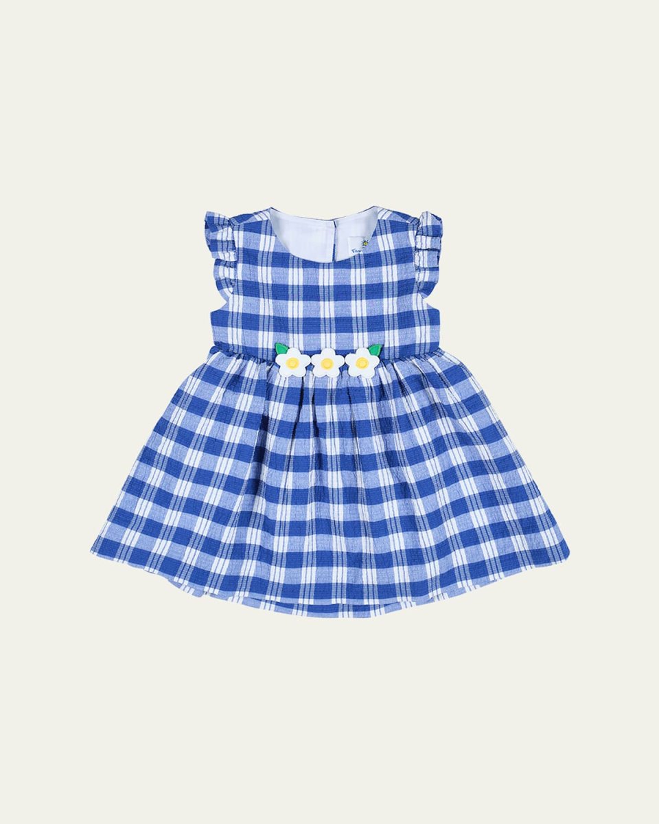 Girl's Plaid-Print Seersucker Dress W/ Floral Appliques, Size 2-6